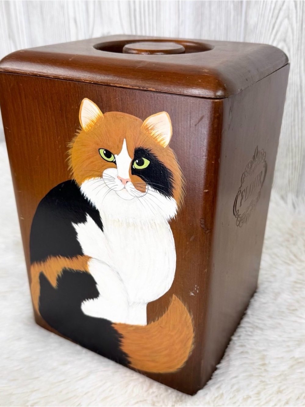 Hand Painted Wooden Canister Calico Cat Kitchen Decor Rustic Farmhouse Cat Lover